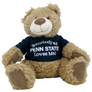 plush stuffed brown bear Abby with navy t-shirt Somebody at Penn State Loves Me!